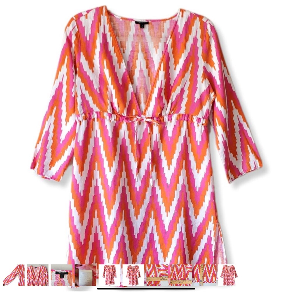 Talbots Women Linen Swim Cover Up S Ikat Pink Orange White Colorful Beachy NEW